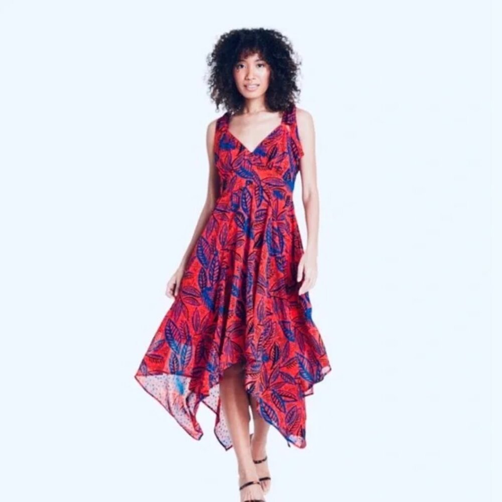 Alexis Shell Boho Dress, Red and Blue, Adjustable ties strap, Leaves Print